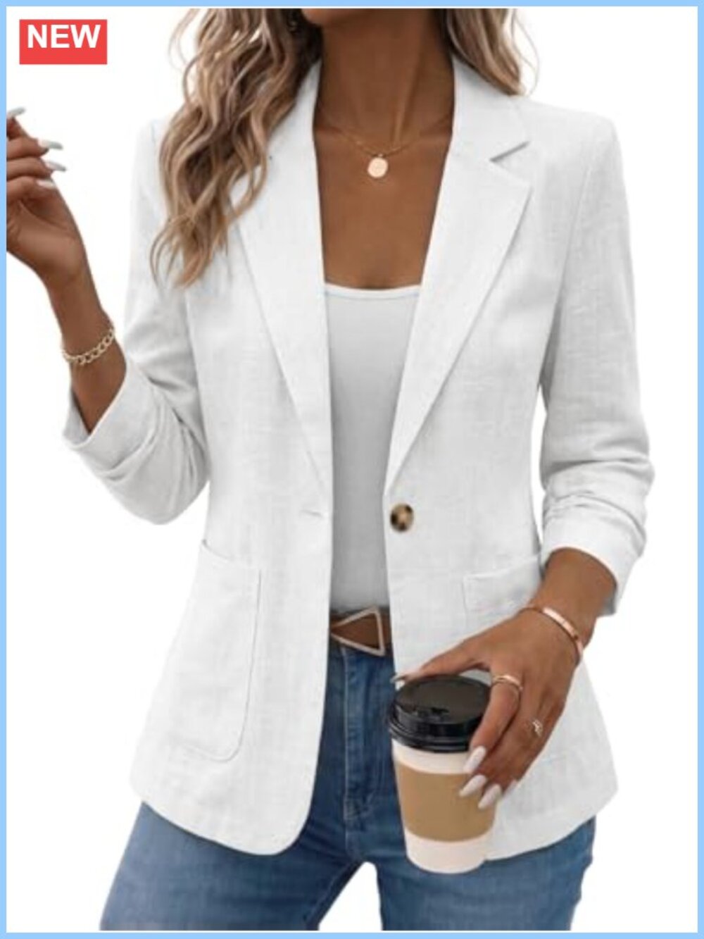 Linen Blend Blazer Women 3/4 Ruched Sleeve Lightweight Breathable Work Jacket